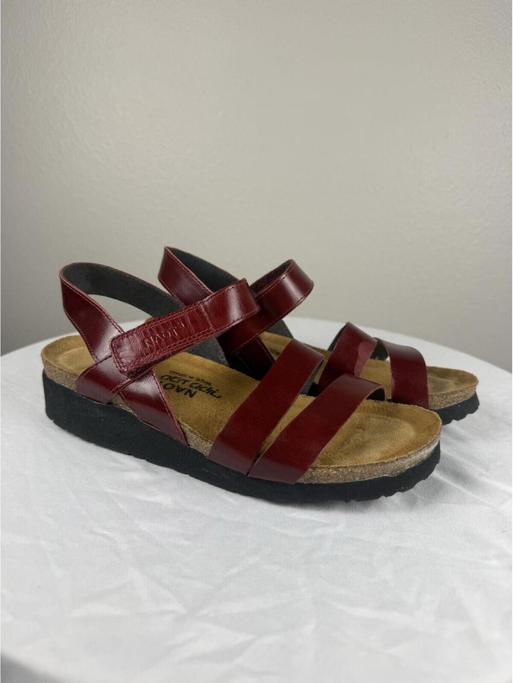NAOT Women’s Red Leather Strappy Sandals Size 37 US 6 Comfort Wedge Israel